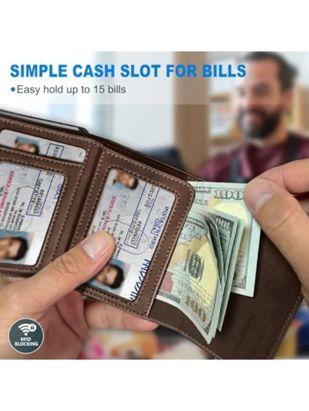 Slim RFID Blocking Wallet for Men - Cash Pocket, 2 ID Windows, Pop-Up Card